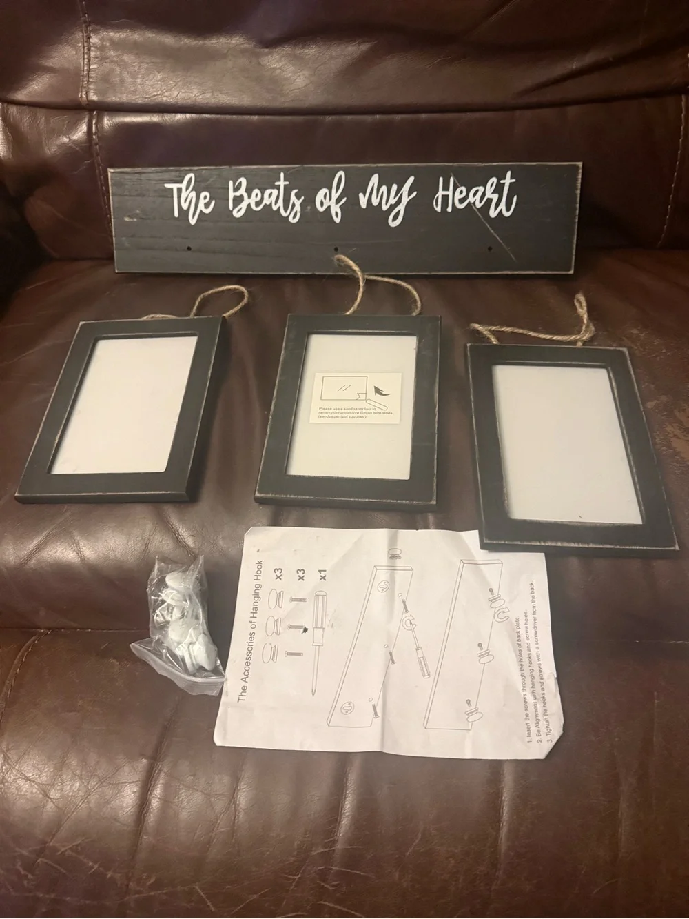 Rustic Black 'The Beats of My Heart' Wall Sign with 3 Hanging Photo Frames